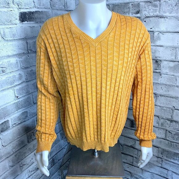 Vintage 90s Tosani Yellow Graphic Rib Knit V-Neck Pullover Sweater - Picture 1 of 11